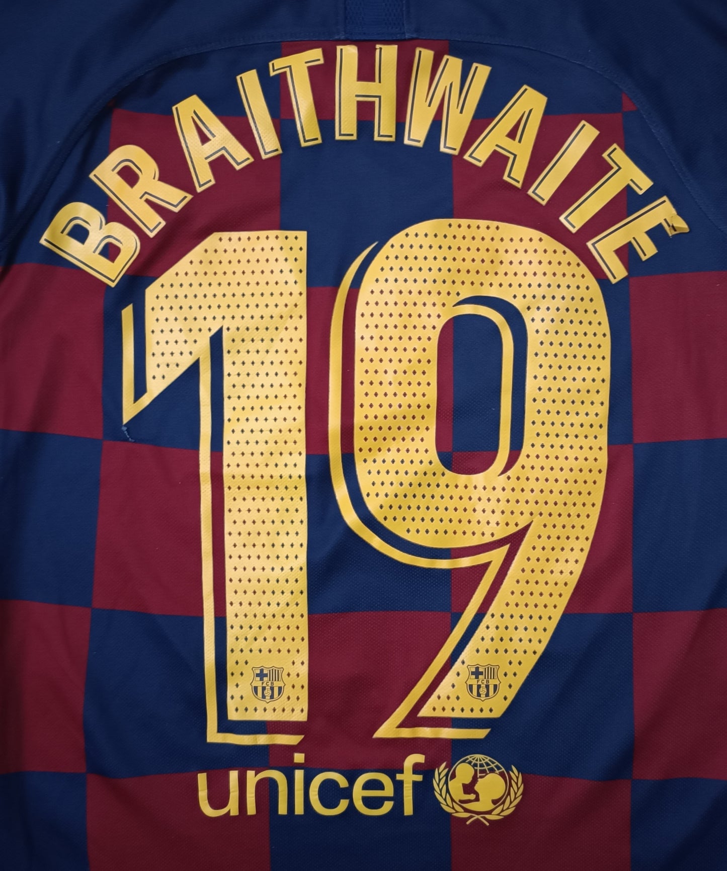 (ДЕТСКО) (137-147см) Nike DRI-FIT FC Barcelona #19 Braithwaite 2019/20 Home Jersey тениска